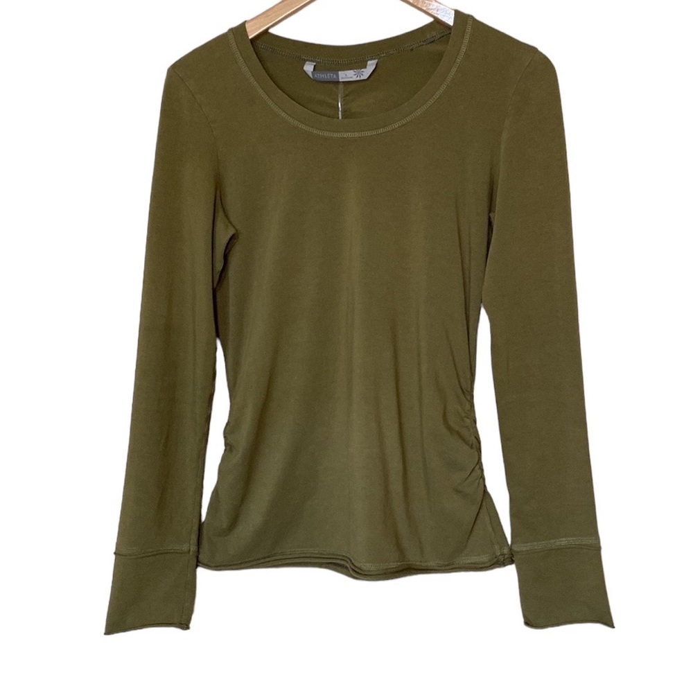 Athleta Olive Long Sleeve Ruched Sides Top S - Picture 1 of 11